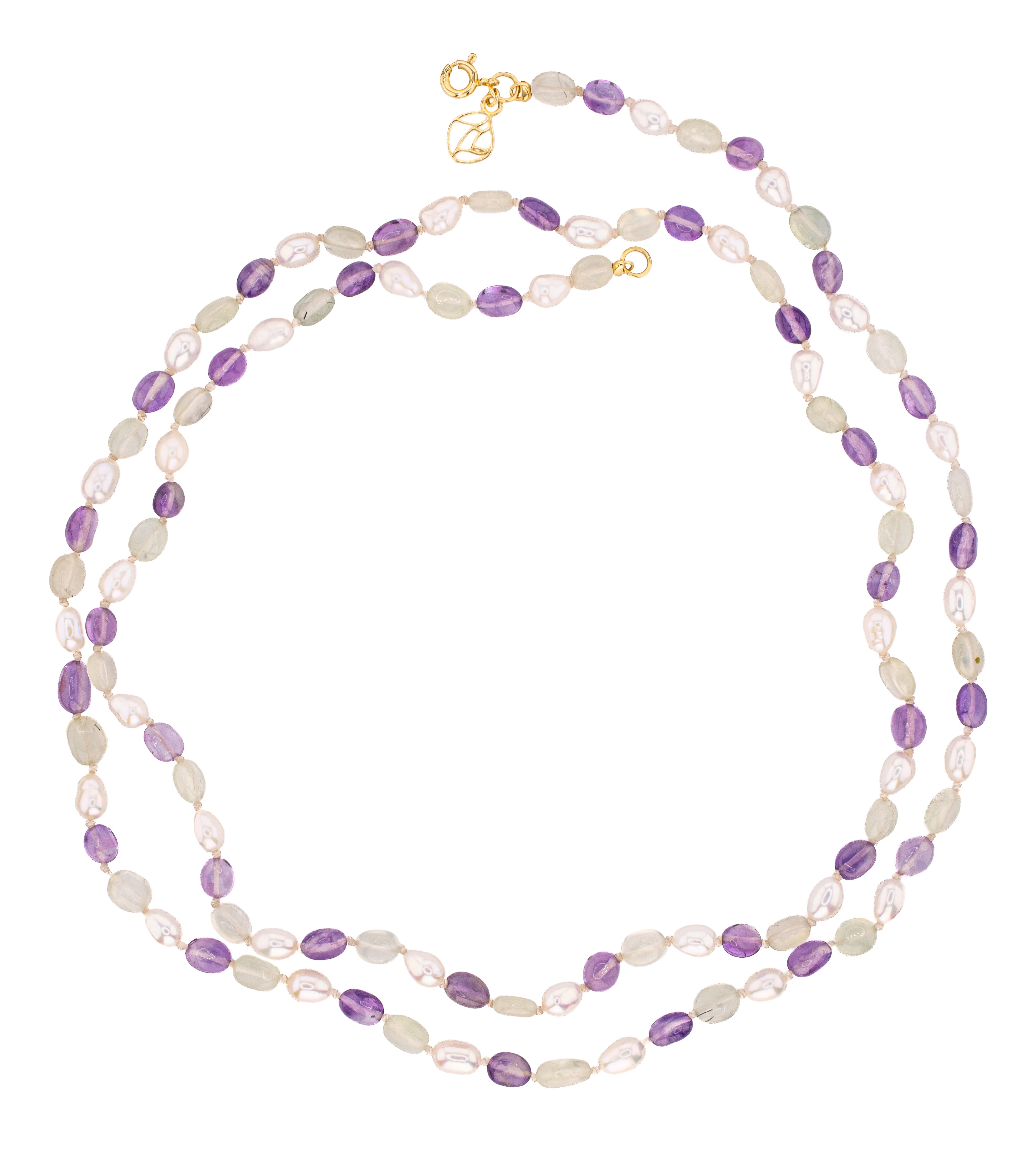 Ascot Necklace in Pearls, Amethyst, and Prehnite