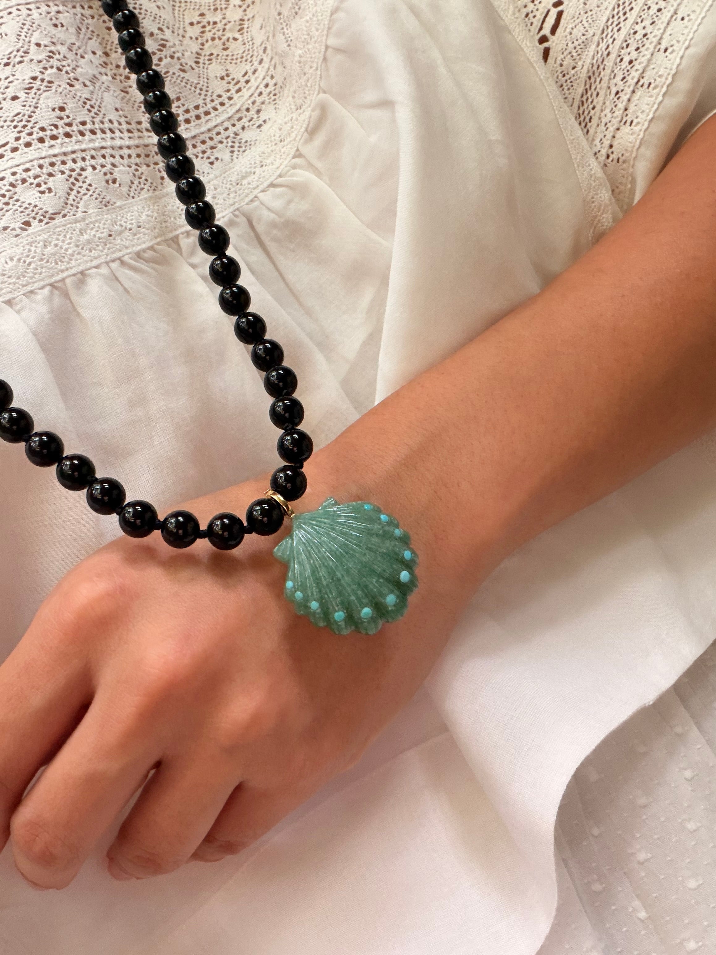 Hand Carved Clip On Shell Pendant in Green Aventurine and Inlaid Turquoise