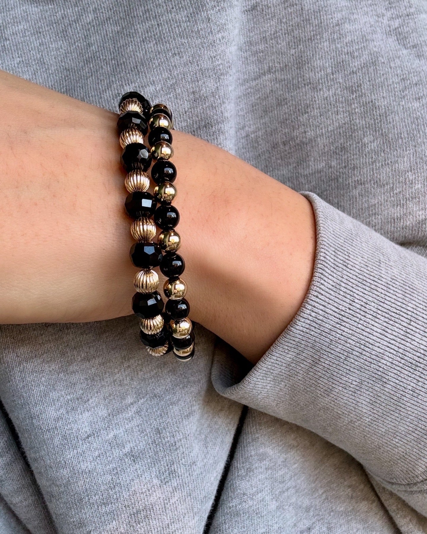 Black Onyx and Gold Beaded Stretch Bracelet