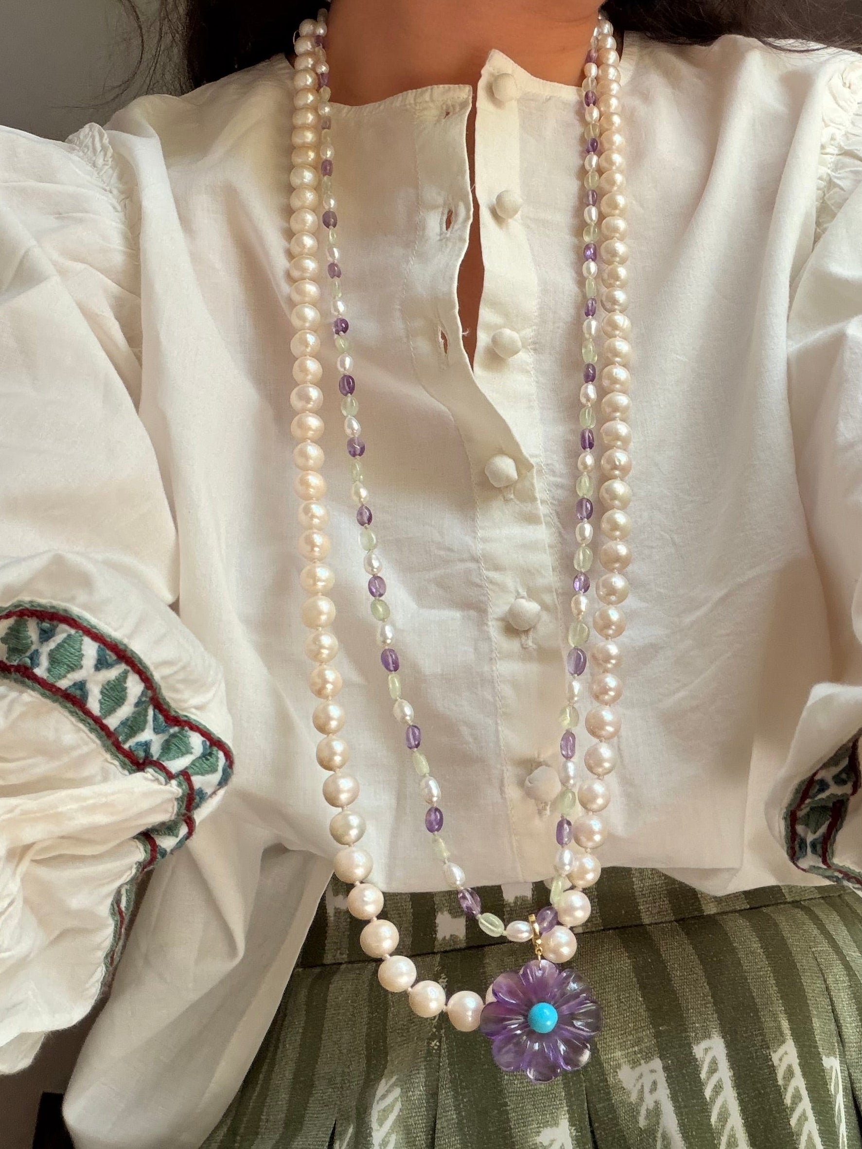 Ascot Necklace in Pearls, Amethyst, and Prehnite